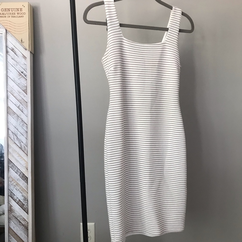 Bar III Fitted White and Grey Stripe Dress